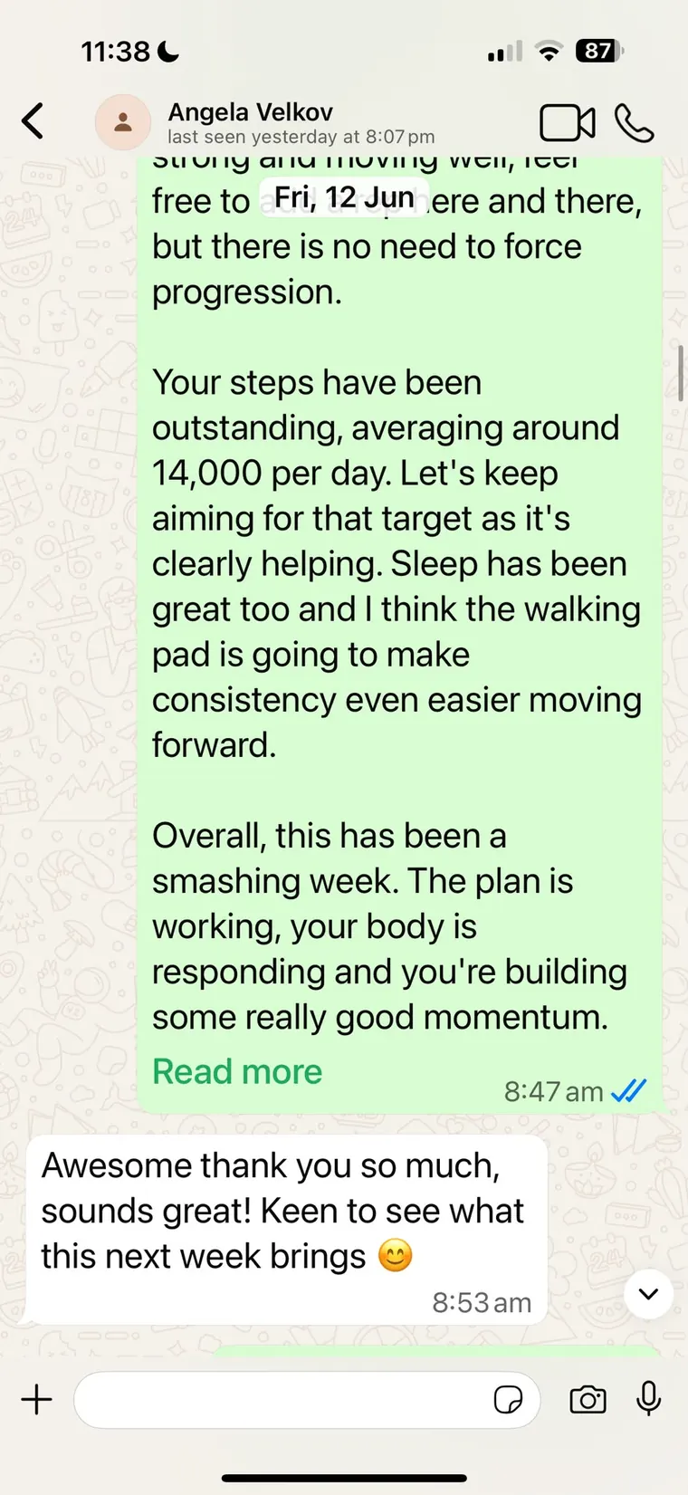 Client check-in feedback screenshot