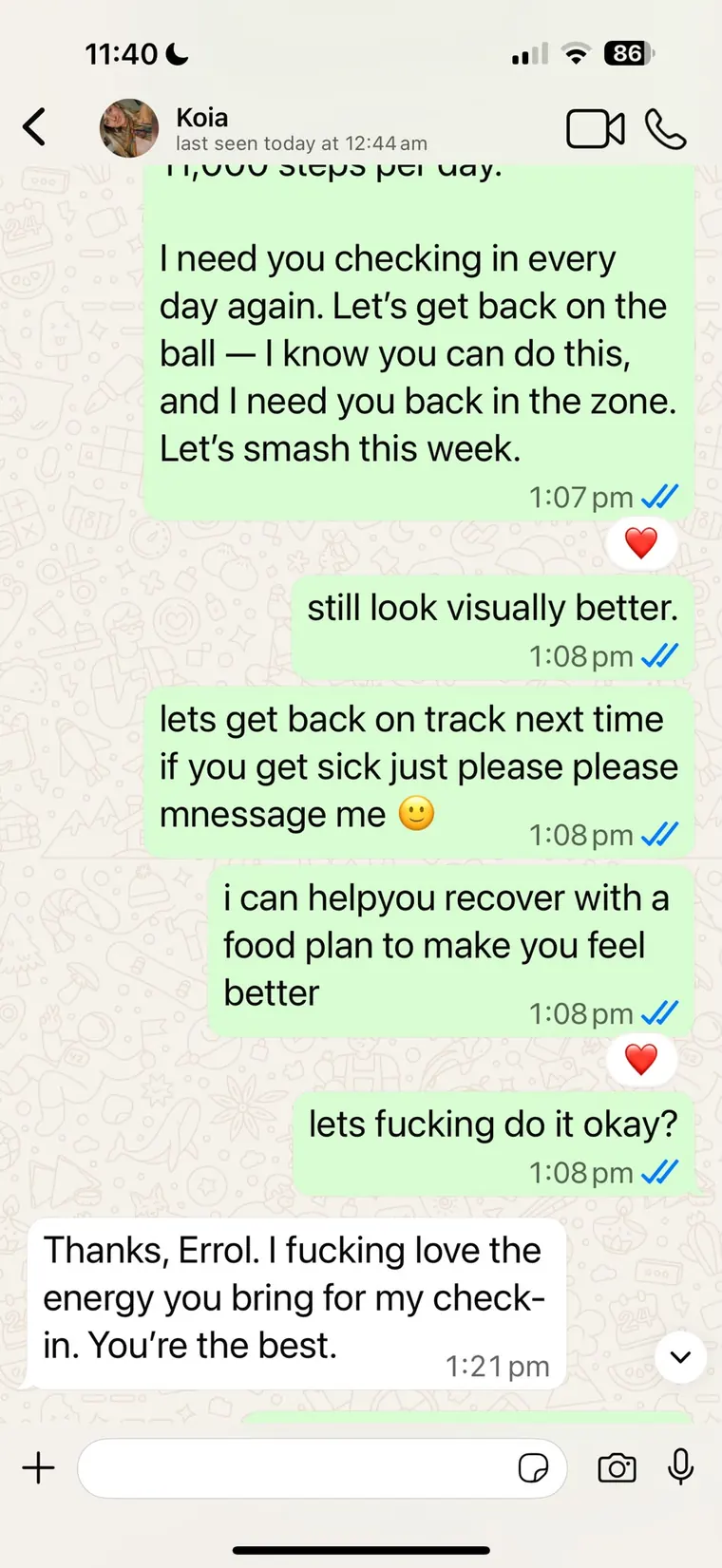 Client motivation message screenshot