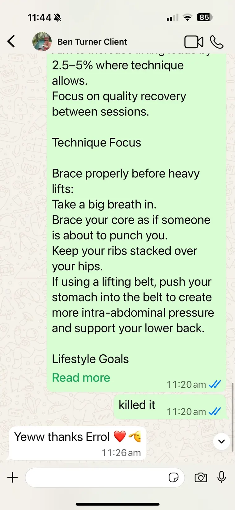 Client training feedback screenshot