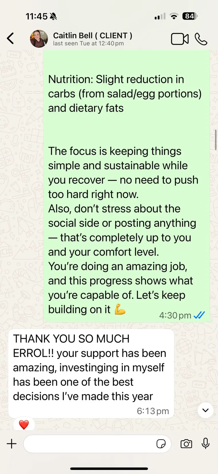 Client support appreciation screenshot